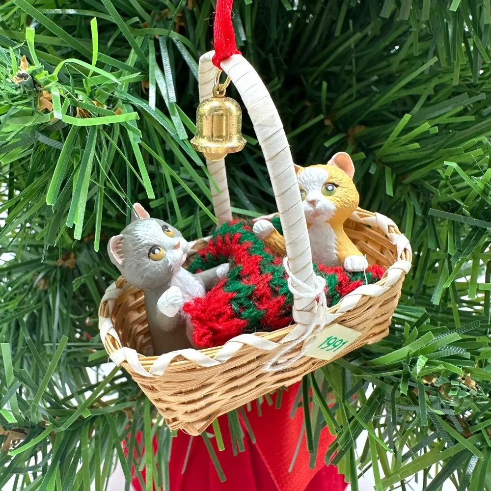 Hallmark Cat Ornaments 1990-1992 Meow Mart, Basket Bell Players, Holiday Wishes
